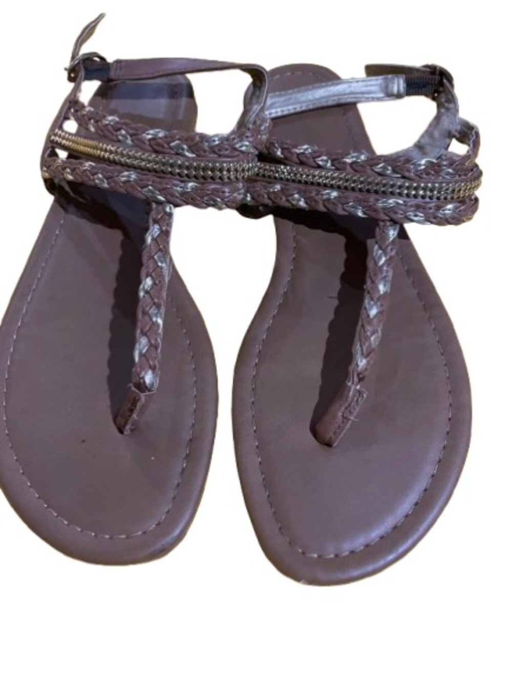 American Eagle Outfitters Brown Braided T-Strap Sandals with Zipper Trim